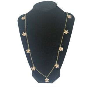 Pink Daisy‎ Necklace With Rhinestone and Gold Tone 34" Chain Lobster Clasp